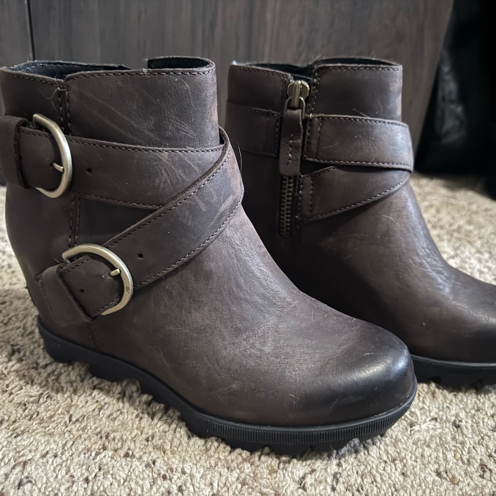 Sorel Dark Brown Buckle Wedge Ankle Booties
